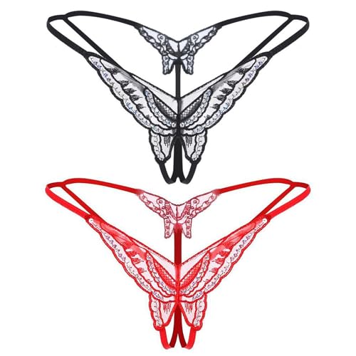 Damen Spitze Sexy Tanga,2 Stück Offener Slip,Sexy Unterwäsche Für Frau Erotisch,Niedrige Taille,Offener Schritt,V-String,G-String,Tangas,Schmetterlingsunterwäsche mit Offenem Schritt (Schwarz, Rot)