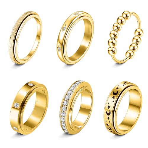 LOFITOR 6 Stück Anti-Angst Spinner Ringe Fidget Band Ring für Stress Angstlinderung für Damen Herren Edelstahl Roller Anti-Stress Ringe Set Coole Anxiety Band Ring CZ Mond&Stern Gold Silber