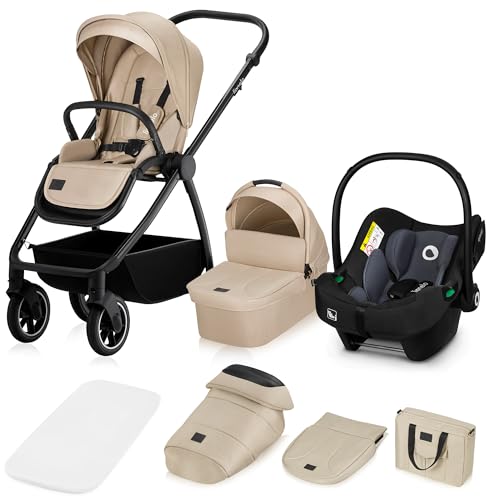 LIONELO MERIL 3-in-1 Multifunktionaler Kinderwagen 0-48 Monate Bis zu 22 kg, Babywanne bis zu 9 kg, Kindersitz bis zu 13 kg, Geländeräder 360°, Vollfederung, XXL-Verdeck mit UPF50+