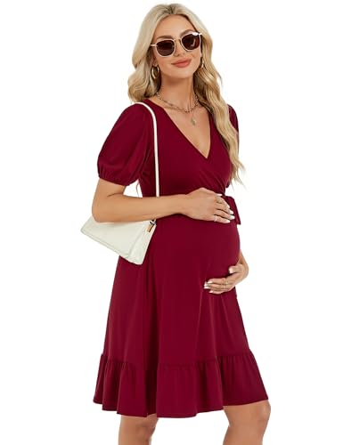 MODIURBAN Damen Umstandskleid V-Ausschnitt Sommer Kurzarm Stillkleid Umstandsmode hohe Taille Rüschen Schwangerschafts Kleid mit Gürtel Weinrot XL