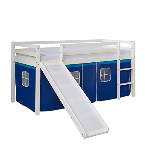 Homestyle4u 1544, Kinderbett 90x200 Weiß, Hochbett mit Rutsche Vorhang Blau, Holz Kiefer