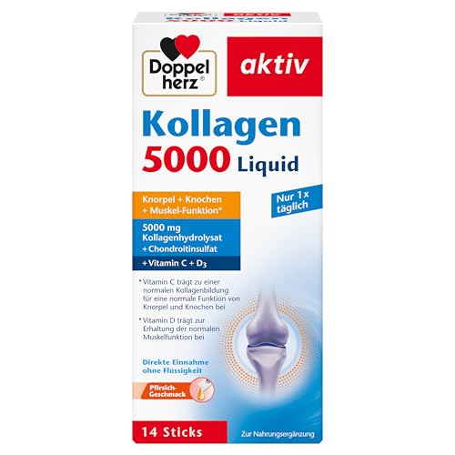 Doppelherz Kollagen 5000 Liquid - mit Kollagenhydrolysat, Chondroitinsulfat, Vitaminen und Mangan - 14 Sticks mit Pfirsich-Geschmack
