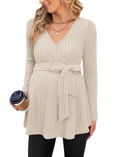 FMEYOA Damen-Umstands-Shirt, langärmelig, V-Ausschnitt, gerippt, Blusen für Schwangere, Beige, Groß