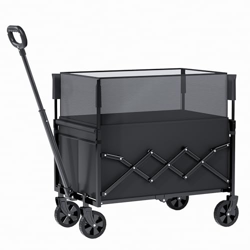 Zusammenklappbarer Mehrzweck-Handwagen mit Rädern, strapazierfähiger Wagen für Gartenarbeit, Camping, Einkaufen, Strand und Outdoor-Sportarten, schwarz, max. 120 Liter und 100 kg Tragkraft.