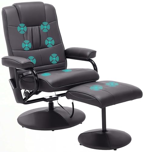 HOMCOM Relaxsessel mit Hocker, 360°drehbarer Fernsehsessel mit Massage, Liegefunktion, Massagesessel mit Seitentasche, TV-Sessel aus Kunstleder für Wohnzimmer Braun