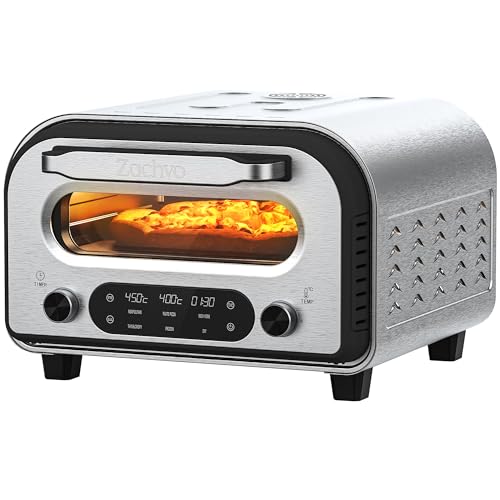 ZACHVO Pizzaofen Elektrisch – 450 °C für 90 Sek. Pizza, 5 Programme + DIY, LED Touchscreen & Drehregler, inkl. Pizzastein 32 cm, Pizzaschieber & Rezeptbuch, Edelstahl, Schwarz