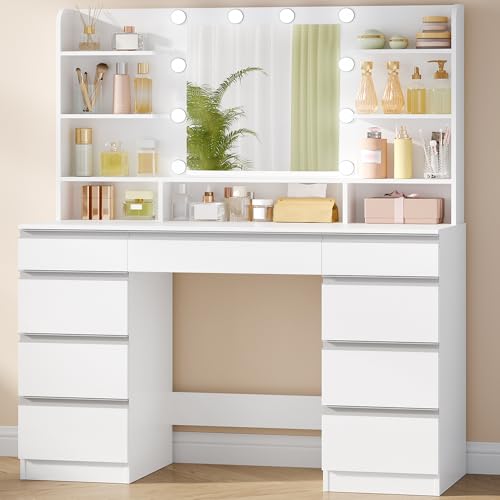 Hzuaneri Große Schminktisch mit LED-Beleuchtung, 10 LED-Lichtkugeln, 3 Farben, einstellbare Helligkeit, Schminktisch mit Spiegel, 9 Schubladen, 9 offenen Ablagen, moderner Stil, Weiß-Silber DT35703WV1