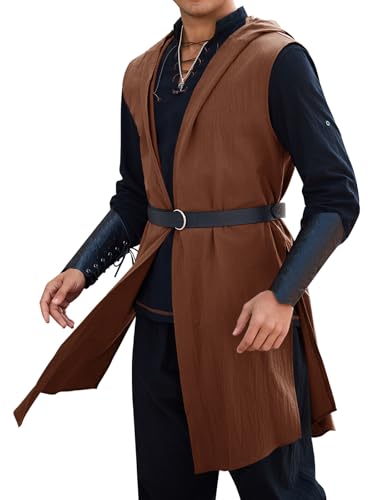 Runcati Renaissance Kostüm Herren Mittelalter Ärmellose Kapuzen Tunika Wikinger Weste Umhang Halloween Karneval Cosplay Oberteile Vintage Kapuzenmantel, Braun, L