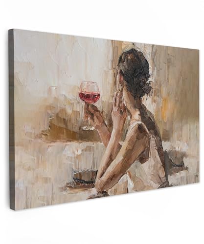 MuchoWow© Leinwand Groß 120x80 cm XXL Deko Schlafzimmer Aesthetic Leinwandbilder Wohnzimmer Gemälde Foto Geschenk Living Room Decoration Moderne Kunstdruck Wanddeko - Ölfarbe - Frau - Wein