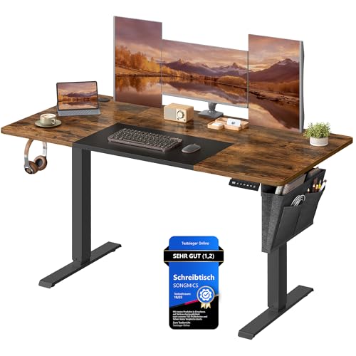 SONGMICS Höhenverstellbarer Schreibtisch elektrisch, 140 x 60 cm, stufenlos verstellbar, Memory-Funktion mit 4 Höhen, vintagebraun-tintenschwarz LSD016X01