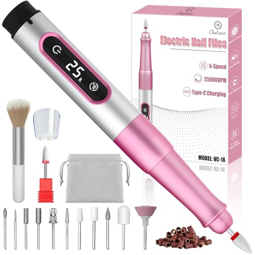 Oukzon Nagelfräser Kabellos, 13 in 1 Elektrische Nagelfeile Fräser für Gelnägel, Nagelfräser für Gelnägel 25000 U/Min, USB Wiederaufladbare Maniküre Set Elektrisch, 5 Gear Electric Nail Drill