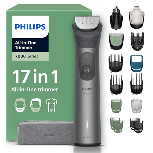 PHILIPS Multigroom Series 7000 All-in-One 17-teiliger Barttrimmer und Haarschneider für Gesicht, Kopf und Körper, selbstschärfende Metallklingen, 26 Längeneinstellungen (0,5-20 mm), Modell MG7961/15