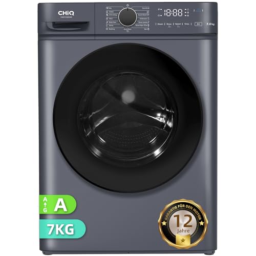 CHiQ Waschmaschine 7kg, InverterMotor, EEK A| 60x46,5x84cm, Große Tür| Eco, Speed Wash, Auto Clean, Kindersicherung|1200 U/Min, Washer Grau, CW07123863AX