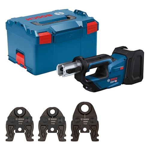 Bosch Professional 18V System Akku Presswerkzeug GPT 18V-19 (19 kN Kraft, um 360° drehbarer Kopf, inkl. Pressbacke Comp. TH16, TH20, TH26, L-BOXX)