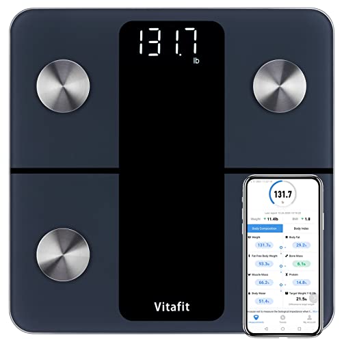 Vitafit Personenwaage Körperfettwaage mit APP 182kg, Professionelle Fabrik SEIT 2001, Waage Personen mit Bluetooth, Körperwaage Körperanalysewaage für Körperfett, BMI, Muskelmasse, Schwarz