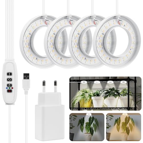 Aicharynic 9CM Pflanzenlampe LED, Vollspektrum Pflanzenlicht für Zimmerpflanzen, 4-Kopf Decken Grow Light, LED Grow Lampe mit 6/12/16 Stunden, 3 Lichtmodi, 10 Helligkeit, Wachstumslampe für Pflanzen