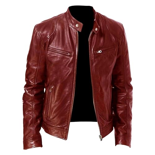 SWJGLITTR Herren-Motorradjacke aus Leder, Stehkragen, Kunstlederjacken, Reißverschluss, schmale Passform, Bikermantel, Rot/Ausflug, einfarbig (Getaway Solids), L