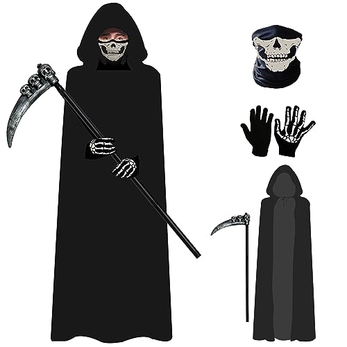 A-SZCXTOP Sensenmann-Kostüm Set,Halloween-Umhänge,Cosplay-Kostüm für Erwachsene,Inklusive Robe & Todessense & Maske & Handschuhen