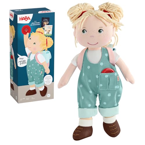 HABA Carmushka Puppe Tilli – 30 cm Stoffpuppe für Kleinkinder – weich, waschbar & leicht anziehbar – ab 18 Monaten – bekannt aus „Mein Knopf, EIN Universum“ – 2013203001