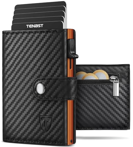 TENBST Geldbörse Herren mit Münzfach & RFID Schutz, Slim Wallet Kartenetui Klein, Portmonee Geldbeutel Herren, 10 Fächer für Kreditkarten Kreditkartenetui (Schwarz- orange)