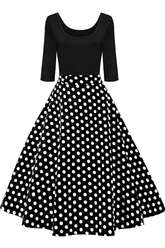 AXOE Damen 60ziger Jahre Kleid Vintage Festliches 3/4 Ärmel 50er Jahre Outfit Schwarz mit Weiß Polka Dots, Gr.46, 3XL