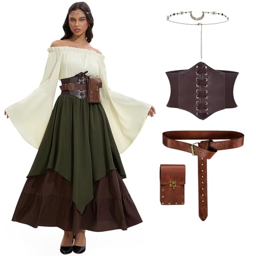 LumenVela Mittelalter Kleidung Damen, Renaissance Kleid Damen und Off Shoulder Bluse mit Corsett, Gürteltasche, Kopfschmuck, Gürtel, Viktorianisches Kostüm für Halloween Karneval (Grün, S)