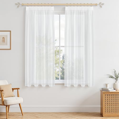 MRTREES Gardinen mit Kräuselband Stores Gardinen Weiß kurz transparent 145X140cm (HXB) Schlaufenschals 2er Set Vorhänge in Leinenoptik für Wohnzimmer Schlafzimmer Mädchen Jugend Curtains