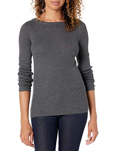 Amazon Essentials Damen Leichter, Gerippter Langarm-Pullover mit U-Boot-Ausschnitt in schmaler Passform, Dunkelgrau Meliert, M