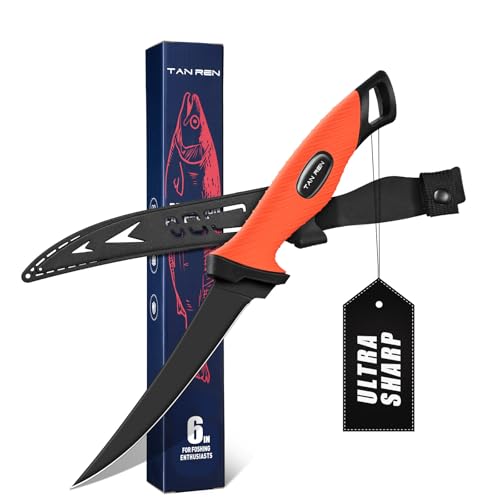TAN REN Filitiermesser Fisch Scharf, 14.5 CM Profi Filetiermesser Fisch Angeln, Edelstahl Filetiermesser Fleisch mit Scheide, Profi Fischmesser für Fisch & Fleisch