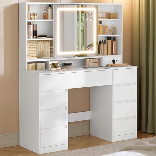 VASAGLE Kailyn Kollektion - Schminktisch mit Spiegel und LED-Leuchten, Steckdosenleiste, 9 Schubladen, 10x Vergrößerungsspiegel, 3 Lichtfarben, werkzeuglose Gleitschienen, wolkenweiß RDT137W01