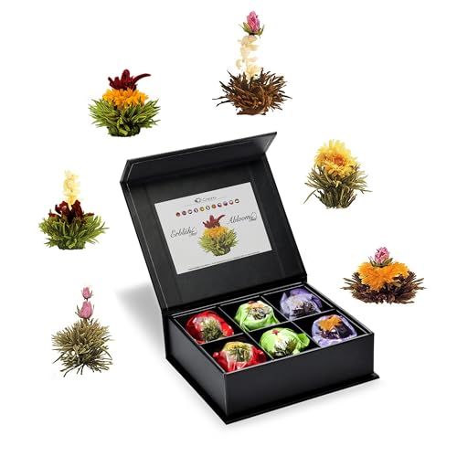 Creano 6 Teeblumen Geschenkbox weißer, schwarzer & grüner Tee in edler Magnetbox mit Silberprägung - 6 verschiedene Sorten - Geschenk zu Weihnachten