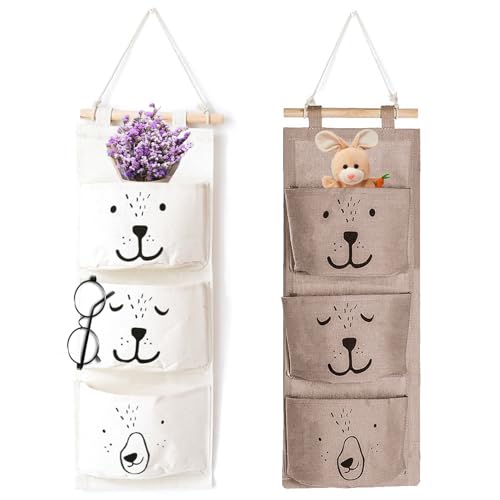 Xionghonglong 2 pcs Hängeorganizer, Hängeaufbewahrung Wandregal,Wand Hängen Tasche,Hängender Organizer mit 3 Taschen,Stoff Hängende Tasche für Kinder,Faltbare Hängetasche (weiß grau)