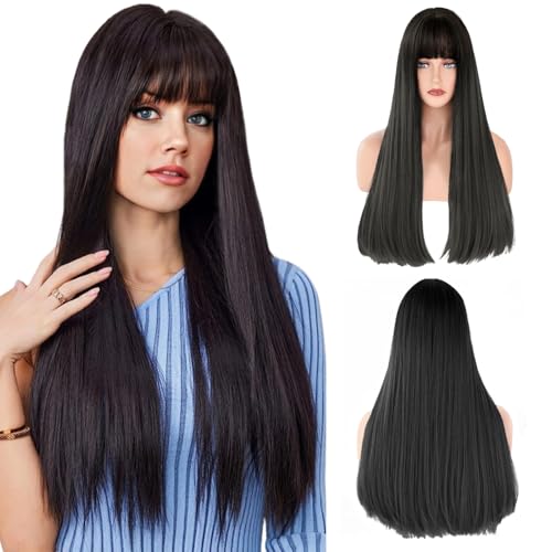 LUFFLOK Lange Gerade Schwarze Perücken für Frauen Synthetisches Haar Hitzebeständig Perücke Natuaral Gerade Brünette Perücke mit Pony Geschichtetes Haar für Tägliche Party Cosplay 70cm (black)