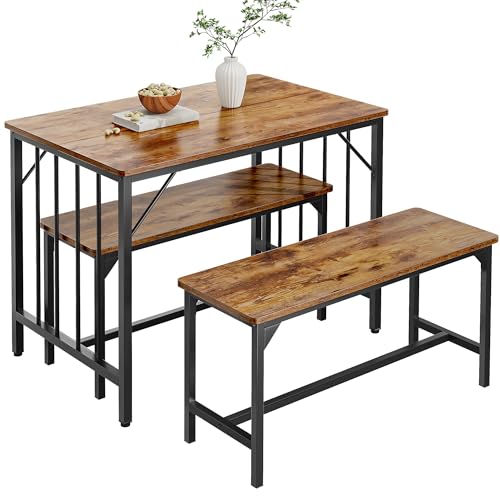 YITAHOME Esstisch und 2 Stühle Set, 3-teiliges Esszimmer-Set mit Bank, platzsparendes Frühstück Esstisch-Set, Esszimmermöbel für Küche, Wohnung, Rustikales Braun