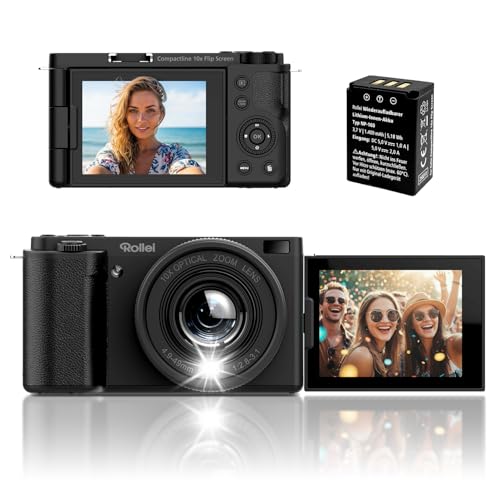 Rollei Compactline 10X Flip Screen Digitalkamera 64MP 4K Kamera Fotokamera 10X Optischer Zoom Selfie Fotoapparat mit 180° Flip 2,88