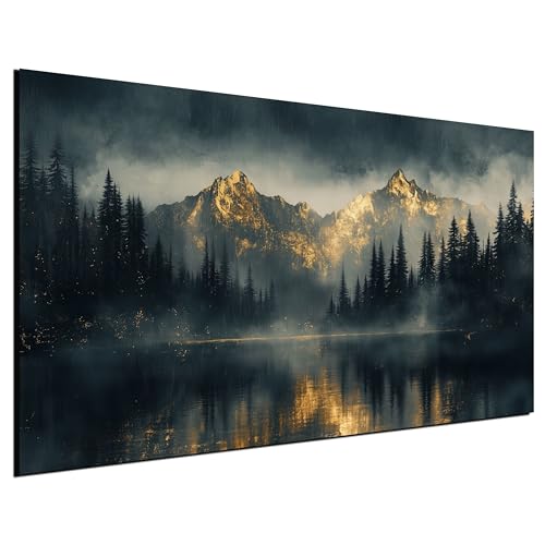 DARO Design® Leinwand Groß 84x56 cm XXL Deko Schlafzimmer Aesthetic Leinwandbilder Wohnzimmer Gemälde Foto Geschenk Living Room Decoration Kunst Berge Gold See Wald Wasser Spiegelung Nebel