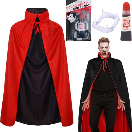Winwild 3 Stück Vampir Kostüm Herren Set,150CM Vampir Umhang Halloween mit Vampire Zähne & Kunstblut,Halloween Umhang Schwarz Rot Vampire Cape Dracula Kostüm Erwachsene