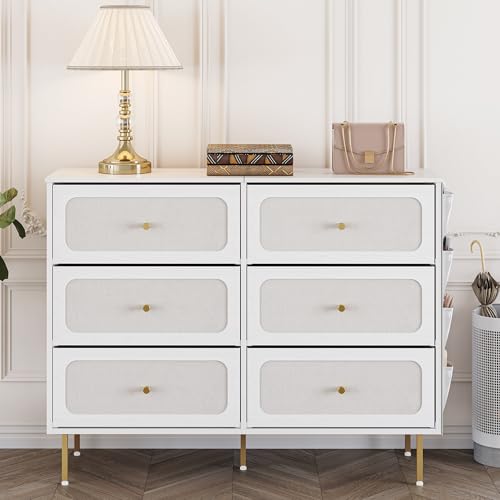 Hzuaneri Kommode 110cm, Schrank mit 6 Stoffschubladen, Multifunktionales Sideboard mit Stofftasche, Metallrahmen, 30 x 110 x 85 cm, für Wohnzimmer und Schlafzimmer, Morden, Weiß-Gold DU25813AW