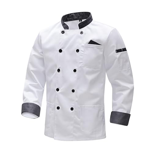 MeiLayM Unisex Kochjacke Herren Langärmelig Kochkleidung Professional Chef Kochjacke Bäckerjacke Chef mit Tasche Uniform Kochkleidung Arbeitsjacke Weiß,XS