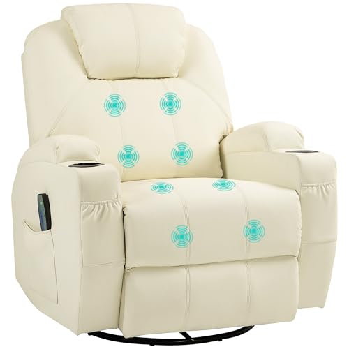 HOMCOM Relaxsessel mit Massagefunktion, Elektrisch Fernsehsessel mit Liegefunktion, Wippfunktion, Drehbar Massagesessel mit Federsystem, Fernbedienung, Becherhalter und Seitentasche, Cremeweiß