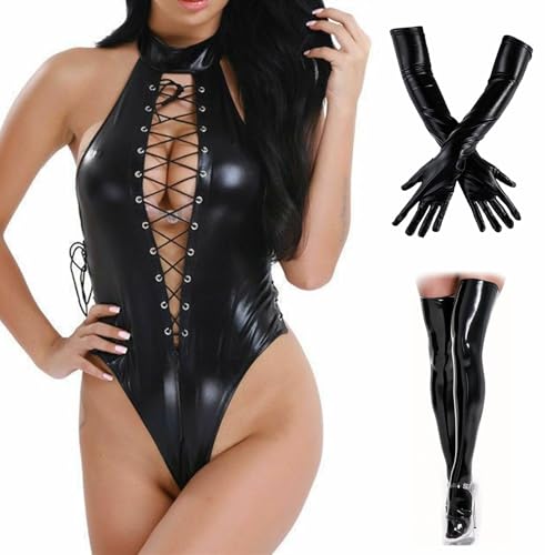 BDSMJOY Latex Dessous Set für Sex Damen, Wetlook Bodysuit mit Snocks und Handschuhe, Catsuit Reizwäsche Kostüme für Erwachsene Clubwear Lingerie Kleider