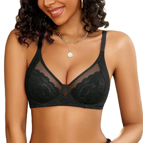 Avidlove Damen Sexy Spitze BH Transparent Bügel Bra Komfort Klassische BHS Ungepolsterte Bralette Tägliche BH-Unterwäsche Schwarz XL