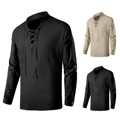BSBUY Mittelalter Hemd Herren Piratenhemd Langarm Freizeithemd 100% Baumwolle Traditioneller Retro-Stil Schnürung Kordelzug Schwarz 3XL