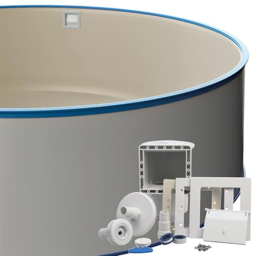 Runder Stahlwandpool-Set Ø 3,50 x 1,20 m, inkl. Bodenschienen & Handlauf in Blau, Einbauskimmer-Set, Innenhülle 0,8 mm Sandfarben, Premium Qualität, Made in Europe