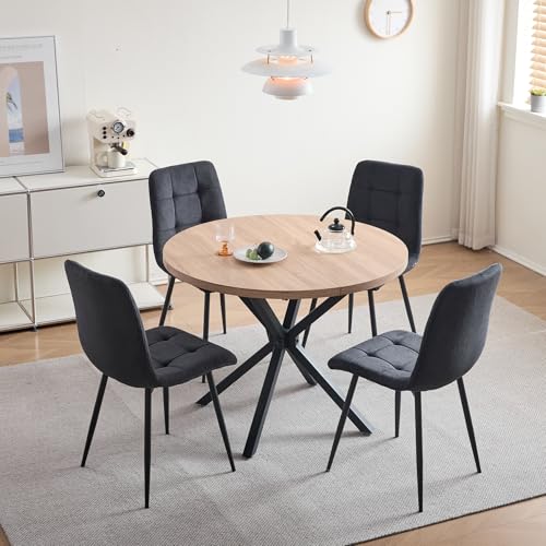DEYARNA HOME Essgruppe 5-Teilig, 100cm Runder Esstisch und 4 Esszimmerstühle (Cord), Tisch und 4 Stühle für Küche, Wohnzimmer, Balkon, Restaurant, Büro (Helle Holzfarbe+Schwarz (Cord))