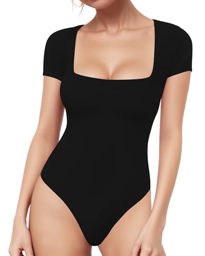 ALGALAROUND Damen Body Kurzarm Bodysuit Mit Eckiger Ausschnitt Sexy Elegant Basic Bodys Shirt Top Oberteile Damenbody Bodies für Sommer Party Going Out