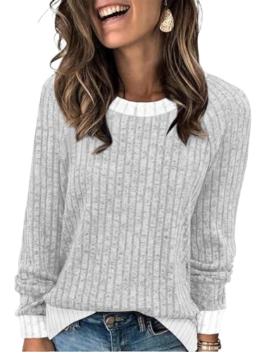 Cuptacc Pullover Damen Elegant Winter Rundhals Langarmshirt Damen Locker Casual Warm Tunika Bunten Gerippte Komfort Oberteile Hellgrau L