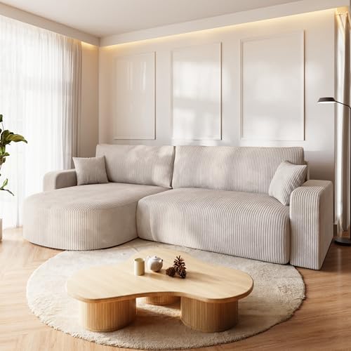 BROMARKT Ecksofa mit Schlaffunktion und Bettkasten Cordstoff Sofa Dreisitzer Schlafsofa Eckcouch Relaxsofa für Wohnzimmer Wohnlandschaft L-Form Bisk 275x170x85cm Creme