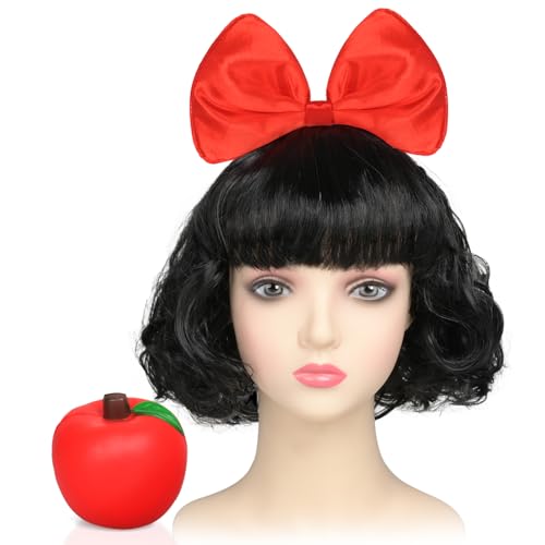 iZoeL Halloween Schneewittchen Kostüm Damen, Prinzessin Perücke Kurz schwarz Haarreif mit Rote Schleife Gefälschter Apfel Halloween Kostüm Accessorie, Damen Perücke Faschingkostüme