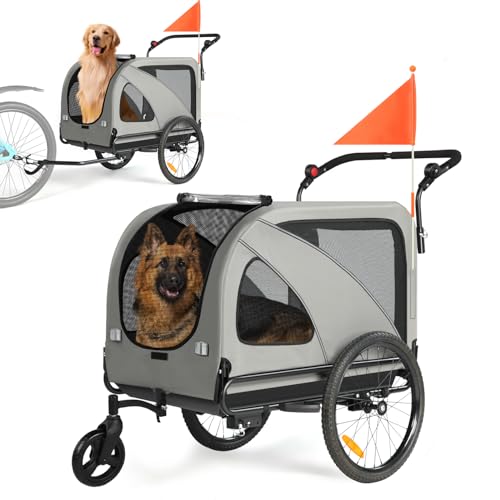 Fiximaster 2-in-1 XXL Fahrradanhänger für Hunde, Faltbarer Hundeanhänger mit Dachöffnung, Reflektoren & Reflexstreifen, Universal-Fahrradkupplung, Höhenverstellbarem Schiebegriff (Grau)